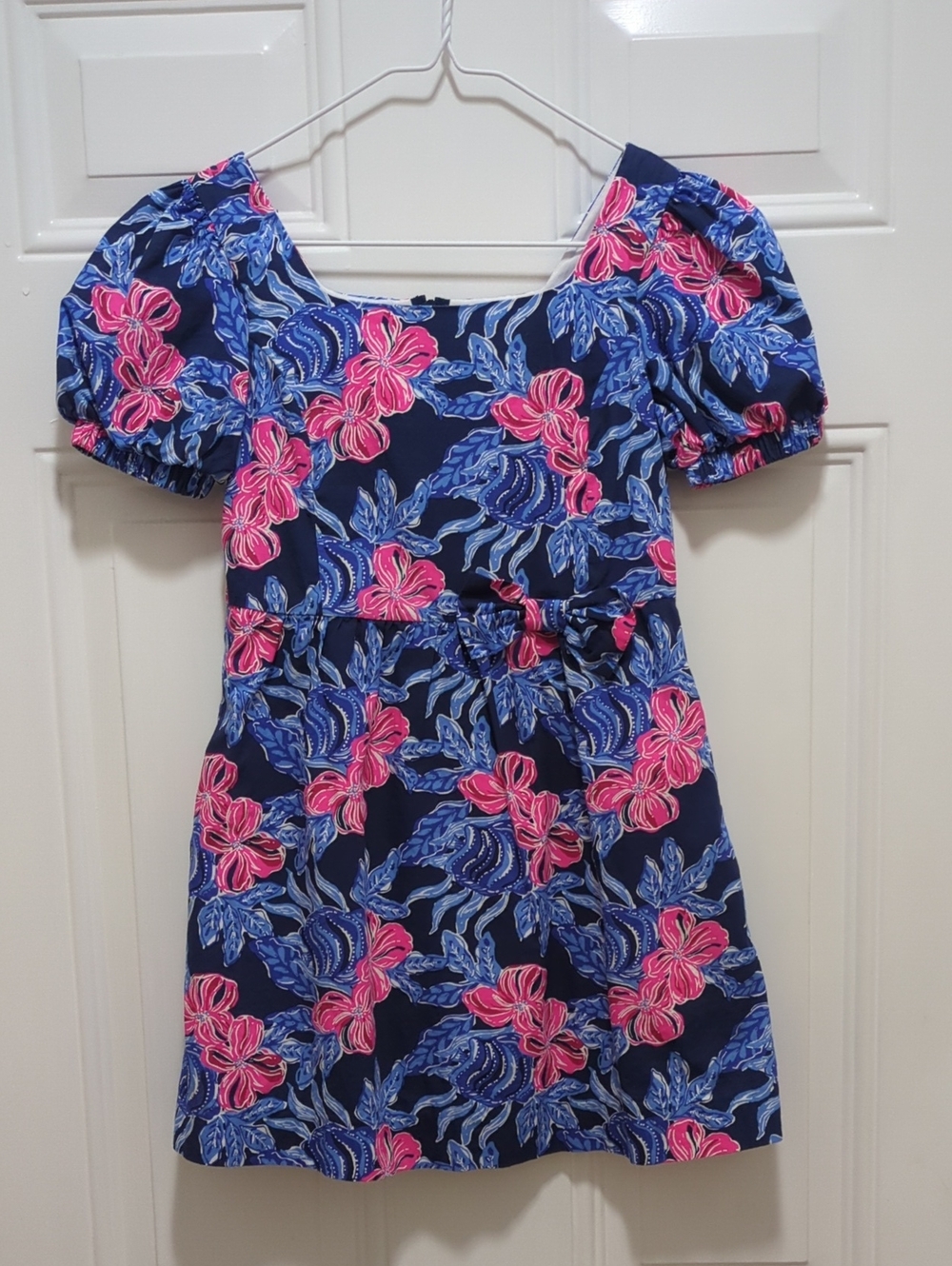 Lilly Pulitzer Navy Floral Puff-Sleeve Dress with Pink & Blue Blooms